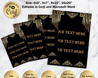 Great Gatsby Style Art Deco Template, Birthday Party Signs, Quote, Poster, DOWNLOAD Instantly, Editable in Corjl and Microsoft Word, GG01