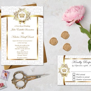 Printable Royal Wedding Invitation Set, White and Gold, Crown Invitation, Elegant Wedding Invitation Printable Or Printed image 1