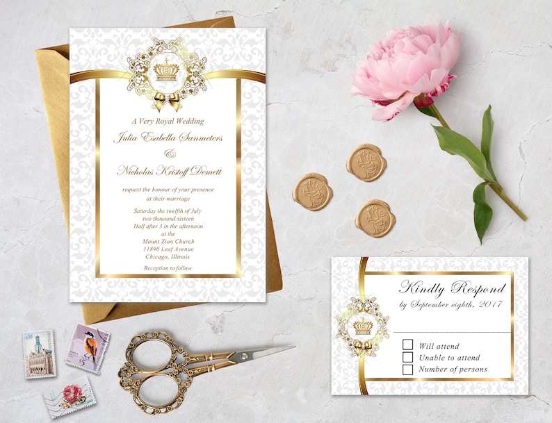 Printable Royal Wedding Invitation Set, White and Gold, Crown Invitation, Elegant Wedding Invitation Printable Or Printed image 1