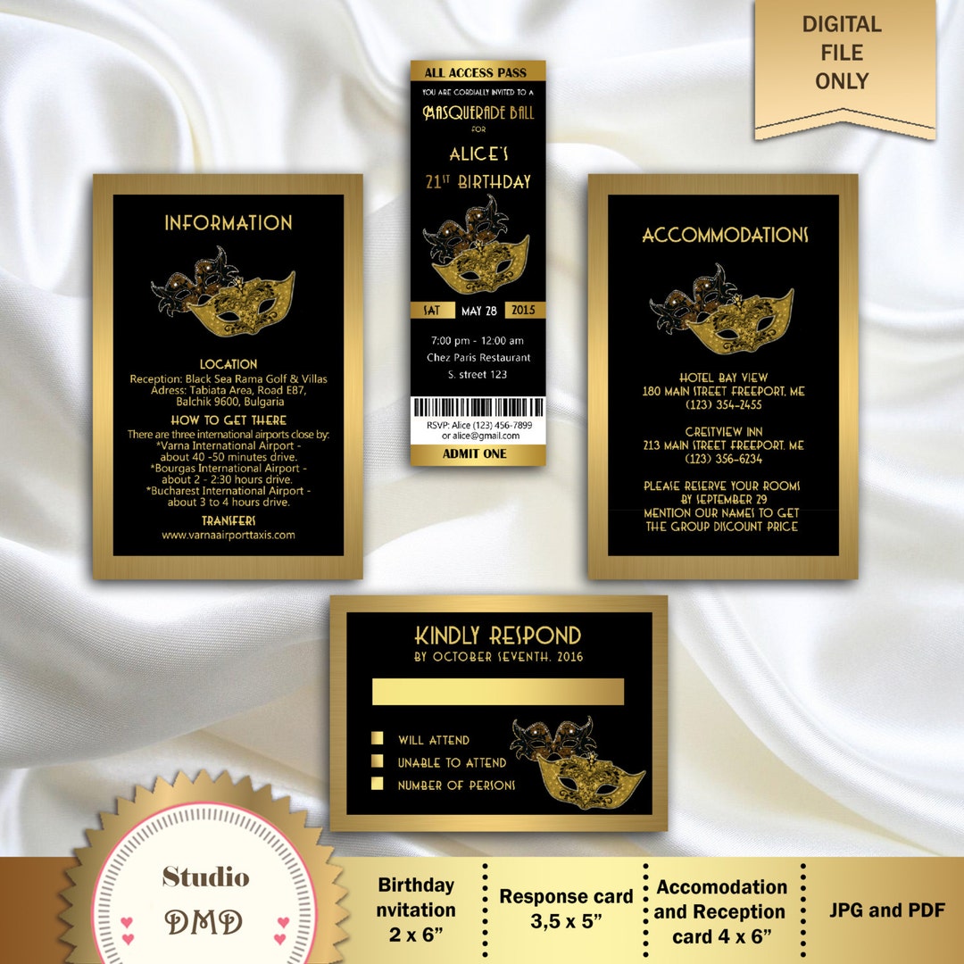 Printable Masquerade Ball Birthday Invitation Set, Ticket Invitation ...