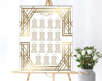 Stampabile Matrimonio Ospite Posti Grafico, Lista Posti a sedere, Art Deco Grafico Posti, Grande Gatsby ispirato Collezione di nozze, Bianco e Oro, GG06