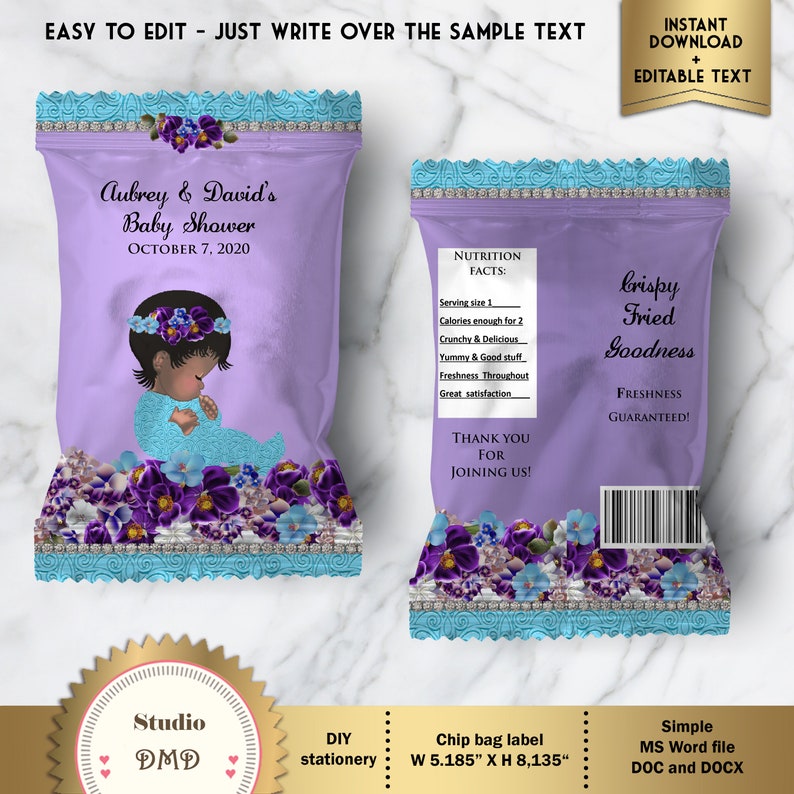 DOWNLOAD Instantly EDITABLE text in Word African American Purple Printable Chip Bag Wrapper Labels BS73 Baby Girl Royal Baby Shower