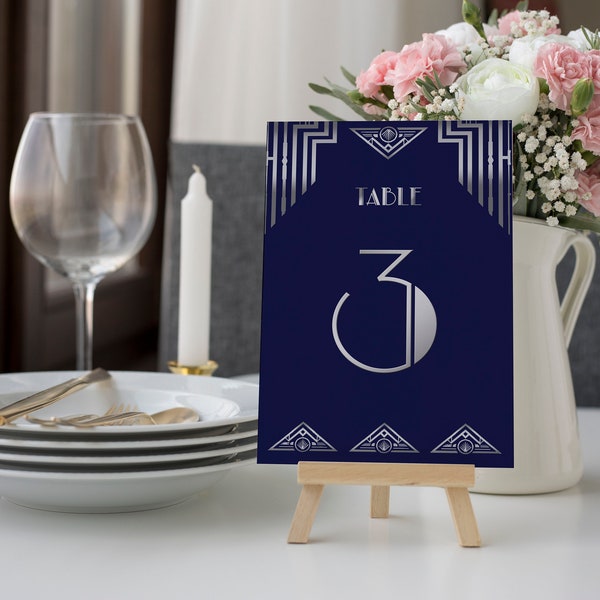 Great Gatsby Art Deco Table Cards, Table Numbers, Table Decoration, 1920's, 20's Style, Navy Blue and Silver - Instant Download, GG12