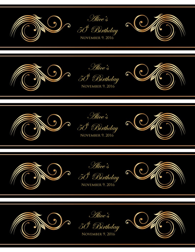 Printable Water Bottle Labels Elegant Black and Gold | Etsy