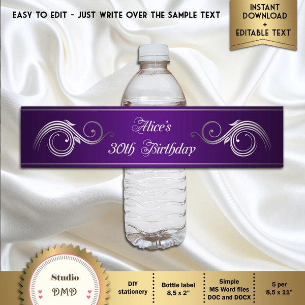 Printable Water Bottle Labels, Elegant Purple and Silver, Birthday, Bridal Shower - DOWNLOAD Instantly, EDITABLE TEXT, Word Format, AB01