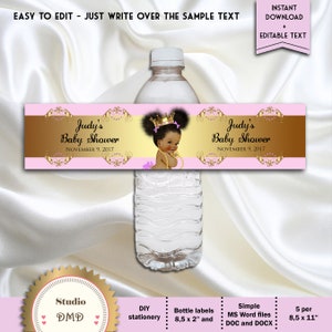 Printable Princess Baby Shower Water Bottle Labels, Pink and Gold Bottle Labels, Digital File, EDITABLE text, Microsoft® Word Format, BSGP01 image 2