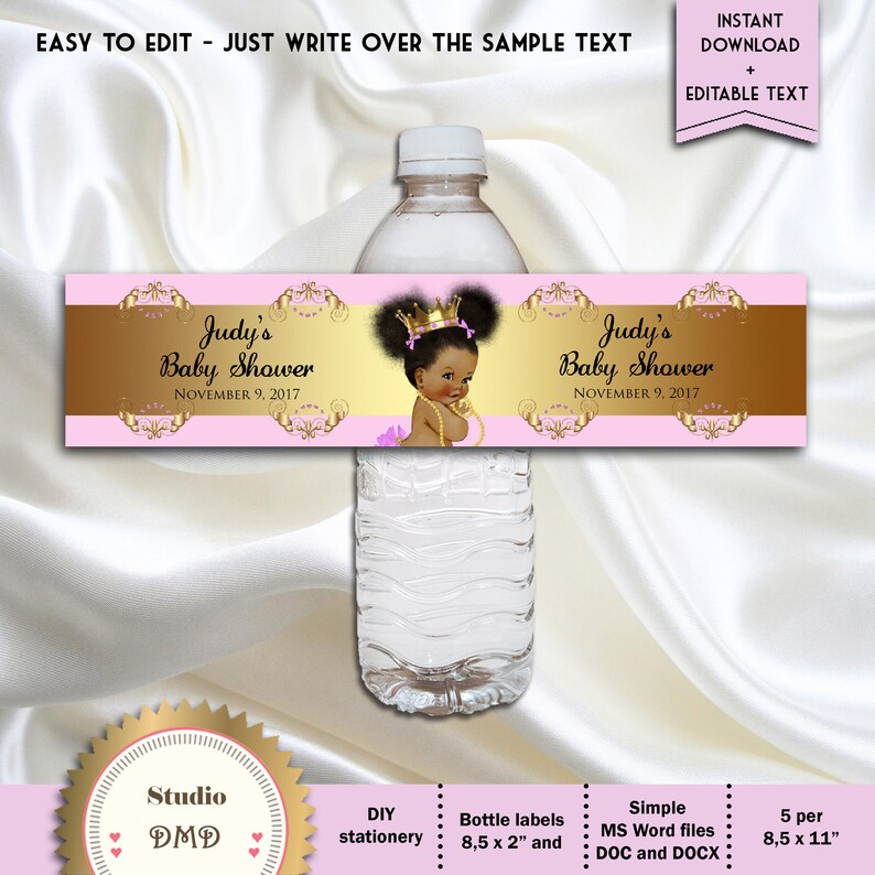 Printable Princess Baby Shower Water Bottle Labels, Pink and Gold Bottle Labels, Digital File, EDITABLE text, Microsoft® Word Format, BSGP01 image 2