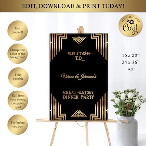 Printable Great Gatsby Style Art Deco Personalized Wedding Sign, Welcome Sign, Poster, Black and Gold, Digital File, Editable in Corjl, GG01