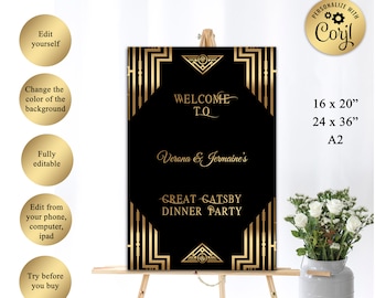 Printable Great Gatsby Style Art Deco Personalized Wedding Sign, Welcome Sign, Poster, Black and Gold, Digital File, Editable in Corjl, GG01