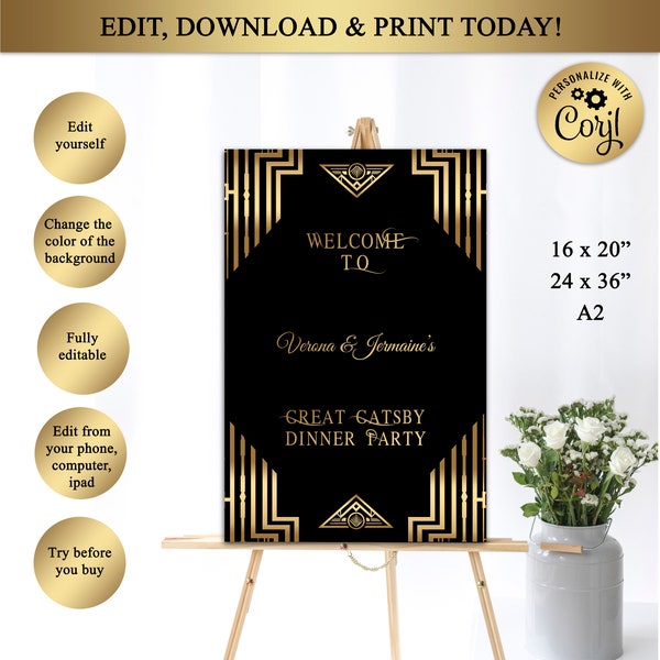 Printable Great Gatsby Style Art Deco Personalized Wedding Sign, Welcome Sign, Poster, Black and Gold, Digital File, Editable in Corjl, GG01