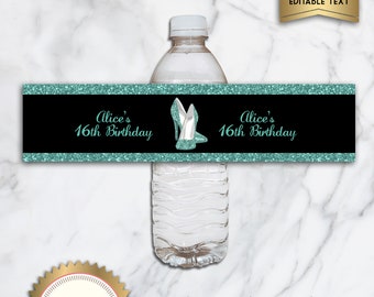 Printable Turqouise and Black Water Bottle Labels, High Heels, Aqua Blue, Birthday Favors - Digital File, EDITABLE text, Word Format, WB13