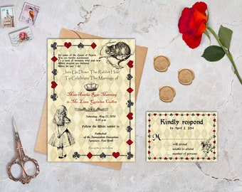 Alice in Wonderland Wedding Invitation and Response Card, Mad Hatter Wedding Invitations - Download Instantly, EDITABLE TEXT in Word, AW01