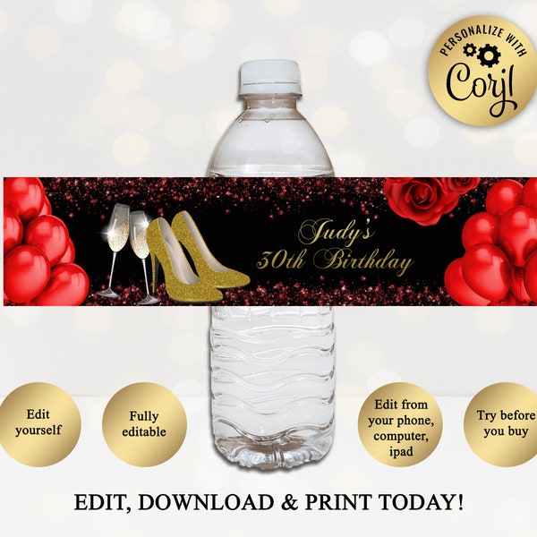 Printable Water Bottle Labels, High Heels, Birthday Printables, Red And Gold, 30th 40th 50th, Instant DOWNLOAD, EDITABLE In Corjl, WB30