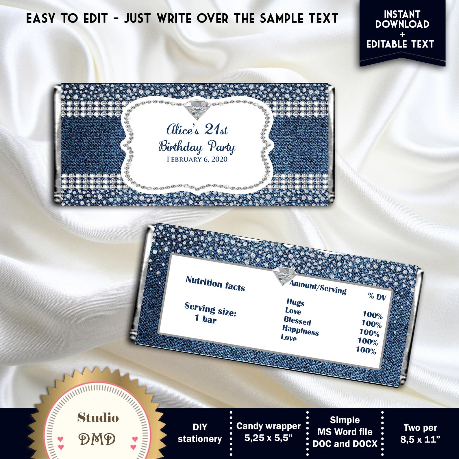 Printable Denim and Diamonds Candy Bar Wrapper Birthday Party | Etsy