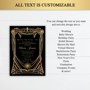 Great Gatsby Style Art Deco Bridal Shower Invitation, Roaring Twenties, 1920's, 20's Style, Black and Gold Editable in Corjl, GG02 image 5