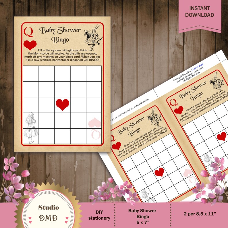 Printable Bingo Baby Shower Game Card Template Alice In Etsy