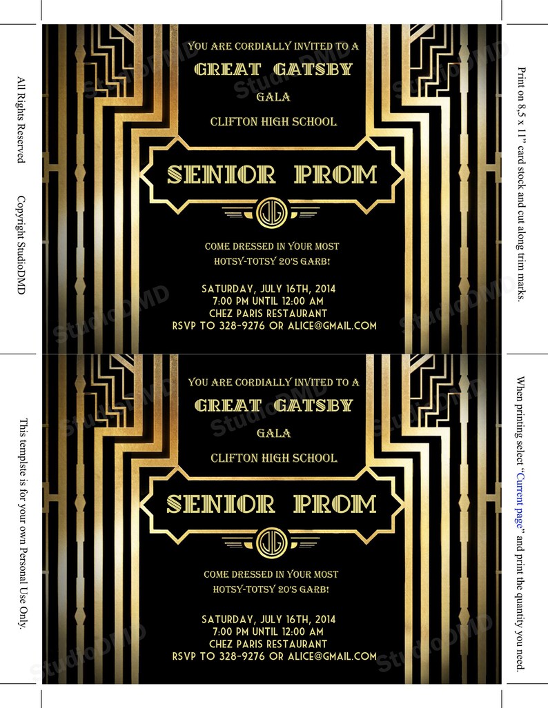 Great Gatsby Style Art Deco Prom Invitation Black and Gold Etsy
