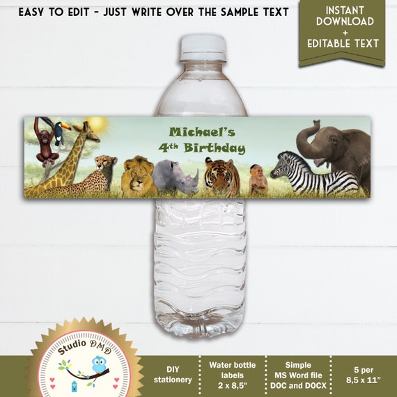 Printable Jungle Animal Safari Water Bottle Labels for Boy | Etsy