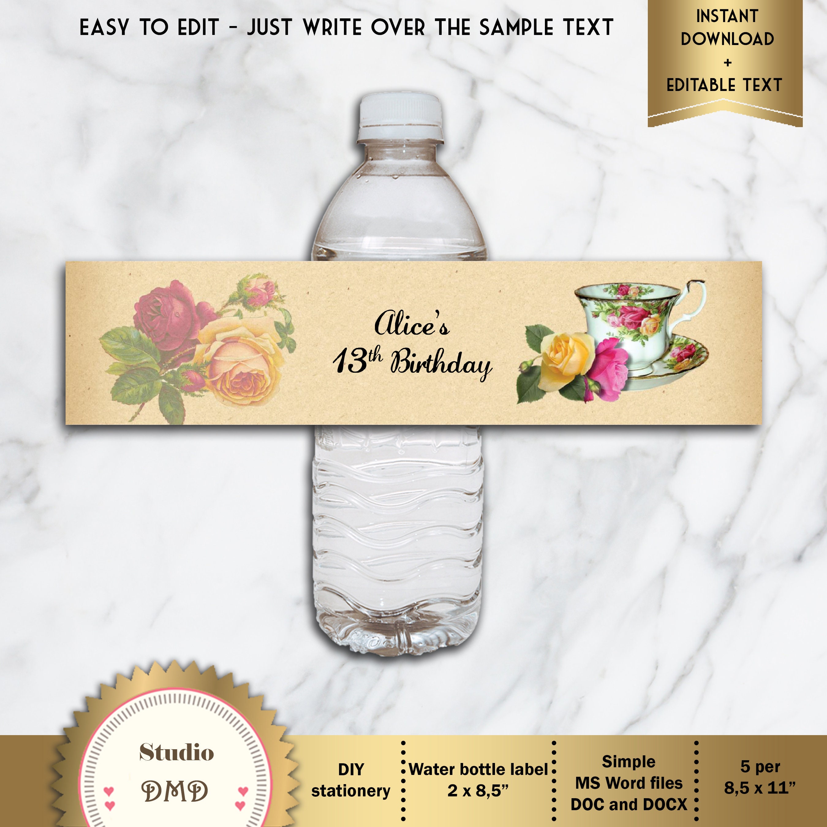 Printable Water Bottle Labels Vintage Roses Vintage Tea Etsy