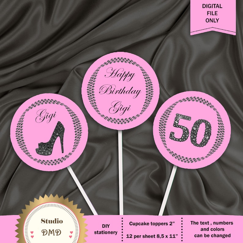 Elegant Pink and Dark Grey Cupcake Toppers Printable Labels Stickers for Birthday Party \u2013 Digital file Milestone Crystal Shoe