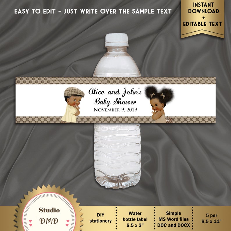Twins Boy Or Girl Printable Baby Shower Water Bottle Labels Digital File BS61 EDITABLE text in Microsoft\u00ae Word Gender Reveal