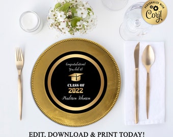 Printable Charger Plate Insert Or Centerpiece, Graduation, Black and Gold, Graduate, Grad, DOWNLOAD Instantly, EDITABLE In Corjl, GR03