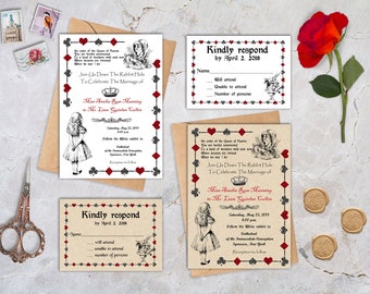 Alice in Wonderland Wedding Invitation and Response Card, Mad Hatter Wedding Invitations - Download Instantly, EDITABLE TEXT in Word, AW01