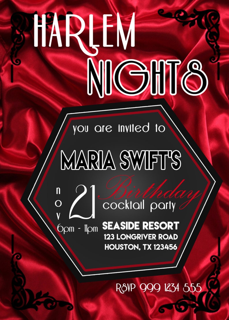 Black Printable Birthday Party Invitation 30th 40th 50th 60th 70th 80th 90th Harlem Nights Invitation Red GG20 Printable DIY White