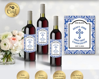 Custom Wine Bottle Labels Personalized, Boy's Blue First Holy Communion, Boys Communion Party Wine Labels , Editable in Corjl, FC01