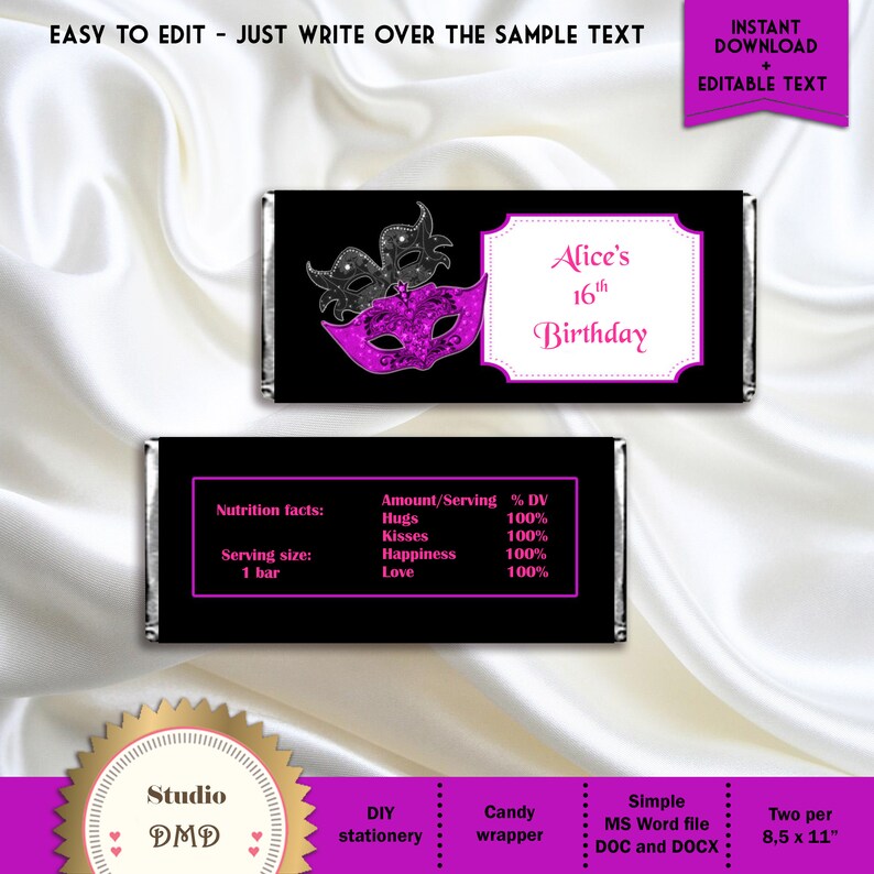 Black Digital File Printable Candy Bar Wrapper EDITABLE text Masquerade Party WB06 DOWNLOAD Instantly Masquerade Ball Hot pink