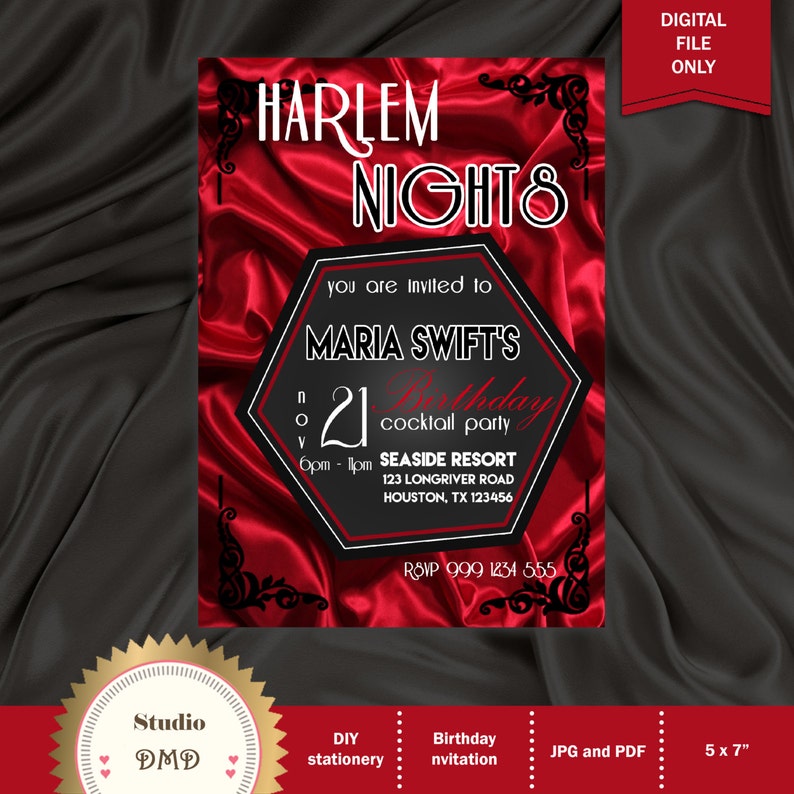 Black Printable Birthday Party Invitation 30th 40th 50th 60th 70th 80th 90th Harlem Nights Invitation Red GG20 Printable DIY White