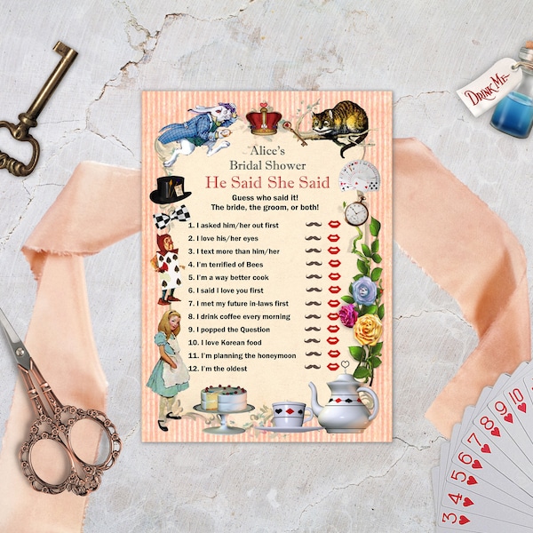 He Said She Said, Printable Bridal Shower Game, Alice in Wonderland Mad Hatter Tea Party - DOWNLOAD Instantly, EDITABLE TEXT in Word, AW03