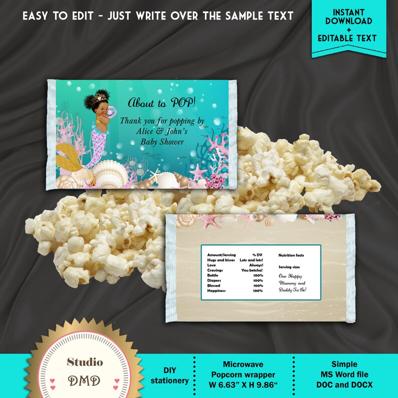 EDITABLE text Ready to Pop African American DOWNLOAD Instantly Word Format Little Mermaid BS29 Printable Microwave Popcorn Wrapper