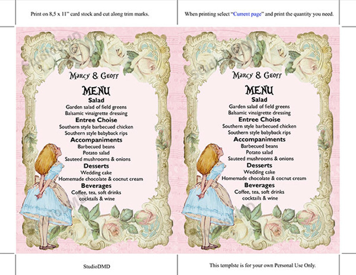 Printable Menu Card Template Alice in Wonderland Mad Hatter - Etsy