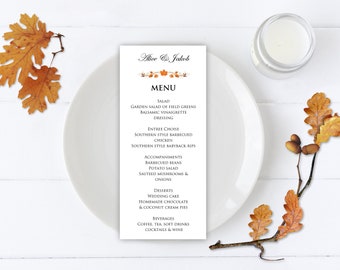 Wedding Menu, Autumn Fall leaves Menu, Orange, 4 x 9" - DOWNLOAD Instantly, EDITABLE TEXT in Microsoft Word, WC04