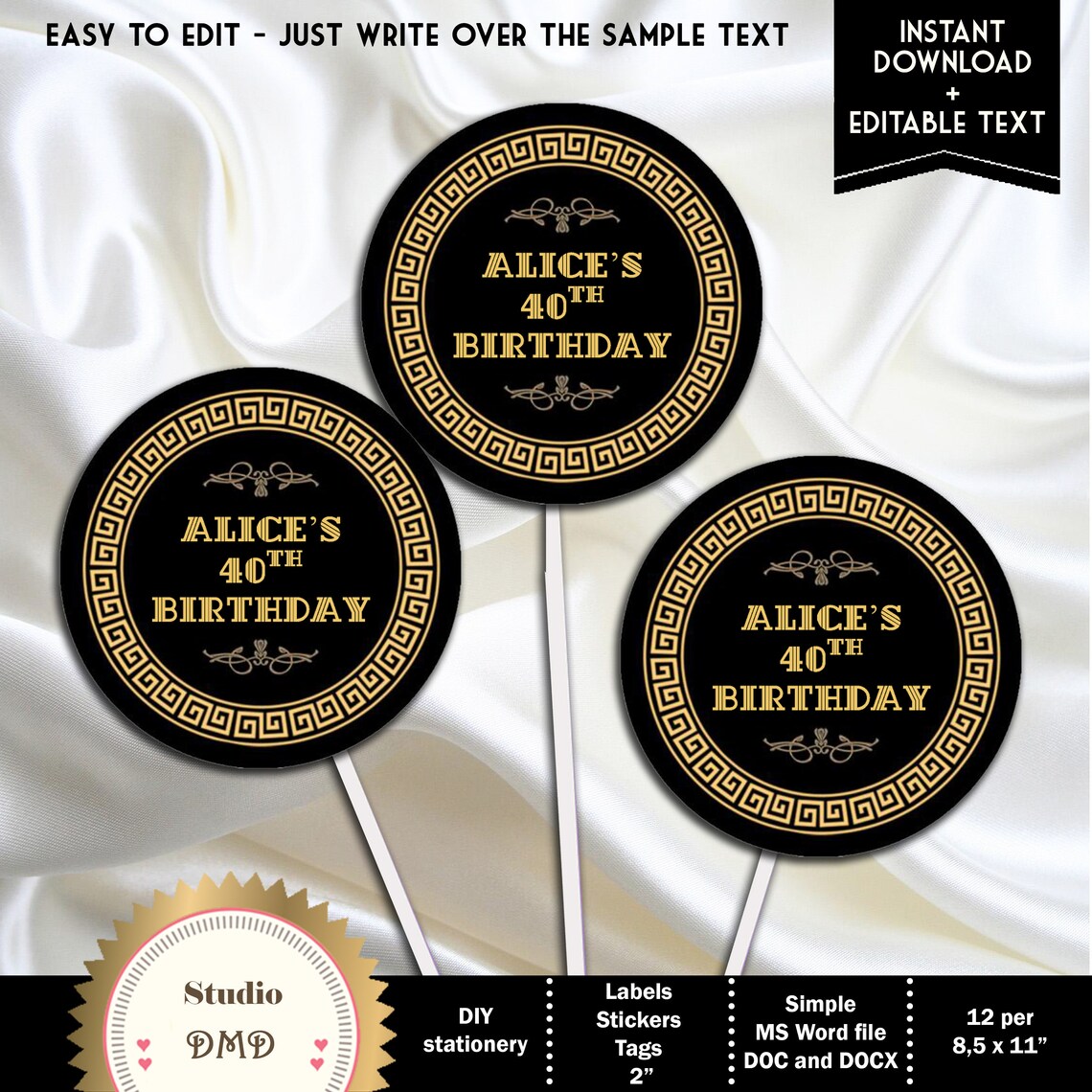 Great Gatsby Art Deco Cupcake Toppers Stickers Labels Black | Etsy