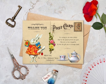 Alice in Wonderland Thank You Card, Mad Hatter Tea Party, Vintage Post Card, Birthday, Baby Shower, Bridal shower - Printable, AW02