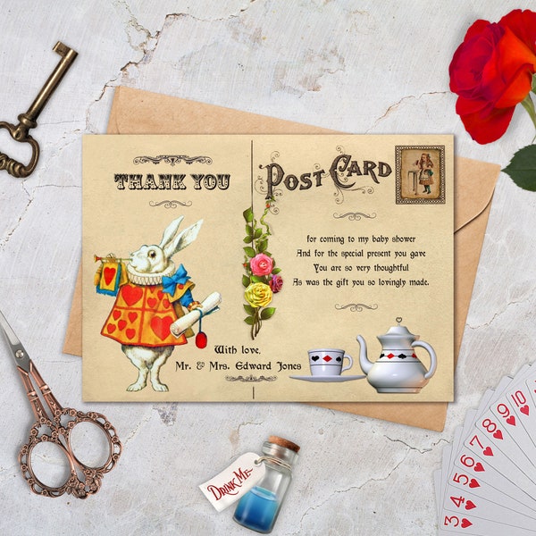 Alice in Wonderland Thank You Card, Mad Hatter Tea Party, Vintage Post Card, Birthday, Baby Shower, Bridal shower - Printable, AW02