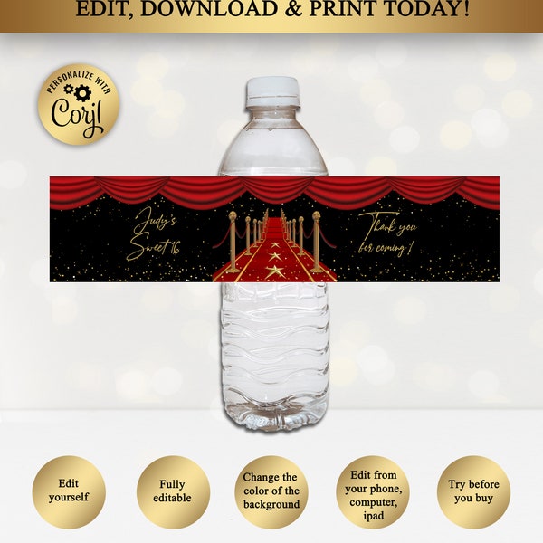 Printable Water Bottle Labels, Red Carpet, Hollywood, Red, Black, Sweet 16 - EDITABLE text, DOWNLOAD Instantly, Editable In Corjl, RC01