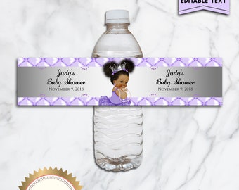 Printable Girl Baby Shower Water Bottle Labels, Purple Silver, African American, Digital File, EDITABLE text, Microsoft® Word Format, PRP2