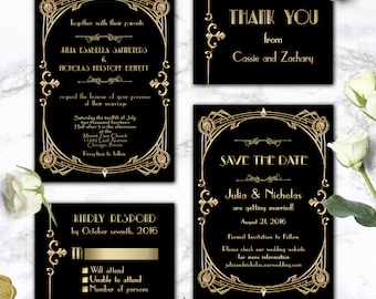 Great Gatsby Style Art Deco Wedding Invitation Suite, Art Deco Theme, 1920's, 20's Style, Roaring Twenties, Black and Gold - Printable, GG02