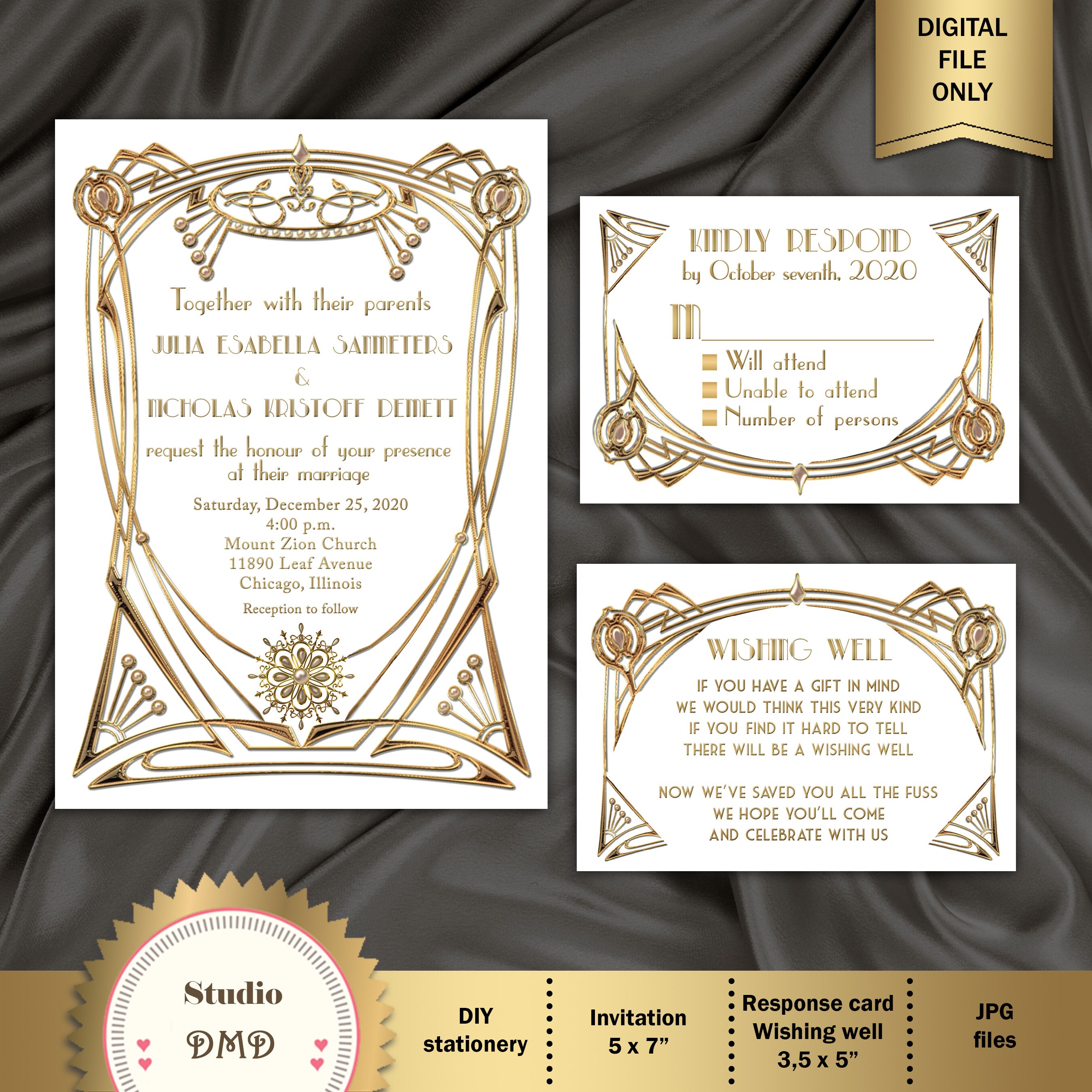 Great Gatsby Style Art Deco Wedding Invitation Suite With RSVP Etsy
