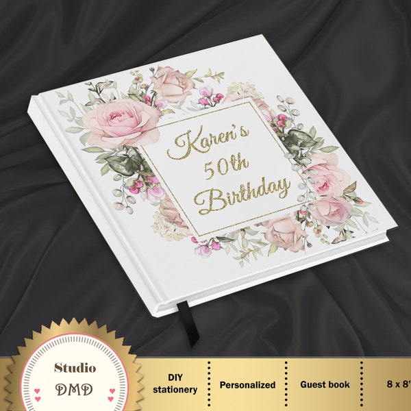 50th Birthday Guest Book Alternative, Birthday Guest Book or Photo Book, Custom Guestbook, Roses, Elegant, Personalized, White, Gold, Pink