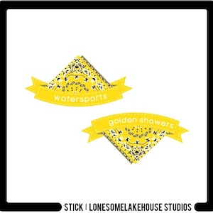 Puede incluir: Dos pegatinas de estilo bandana amarillas y negras con el texto "watersports" y "golden showers" en ellas. Las pegatinas están sobre un fondo blanco.