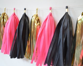 Bachelorette Party Tassel Garland -  Paris Themed Party Decor - Paris Themed Balloon Tassels - Black Gold Hot Pink Banner - Bubbly bar decor