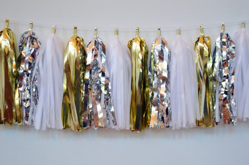 congratulations wedding decor new years decor grad party gold silver white tassel garland new years eve party