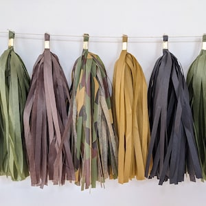 camouflage tassel banner, camo tassels, military theme party, army theme party, camo party, military birthday, hunter party, mess hall