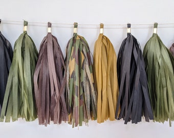 camouflage tassel banner, camo tassels, military theme party, army theme party, camo party, military birthday, hunter party, mess hall