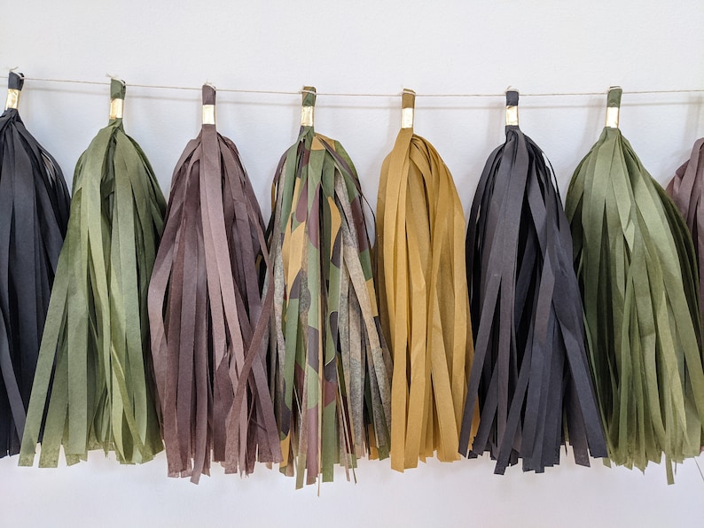 camouflage tassel banner, camo tassels, military theme party, army theme party, camo party, military birthday, hunter party, mess hall image 1