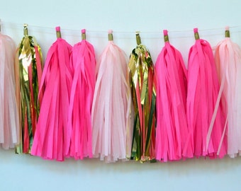 Valentine tassel garland, Hot pink Valentine party decor, neon pink and gold garland, tassel garland, pink princess garland,